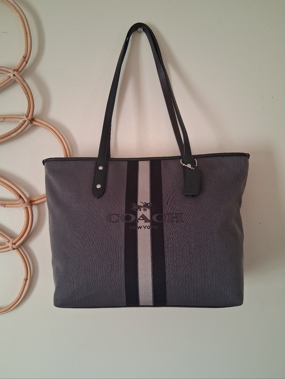 Coach Black and Gray Horse & Carriage Jacquard City Tote - Picture 2 of 13